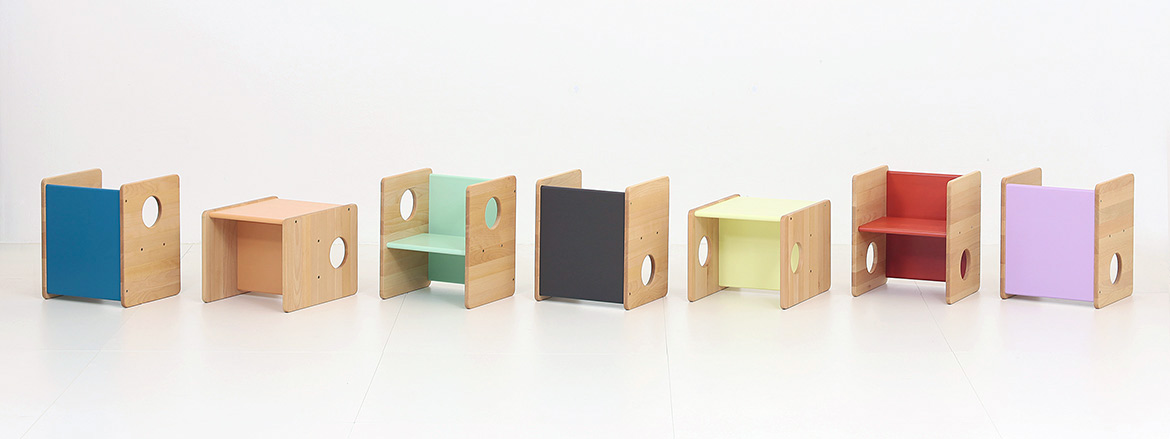 Lubo Majer for Brubi – Cube Chair color variations, children's reversible wooden chair in 7 colors