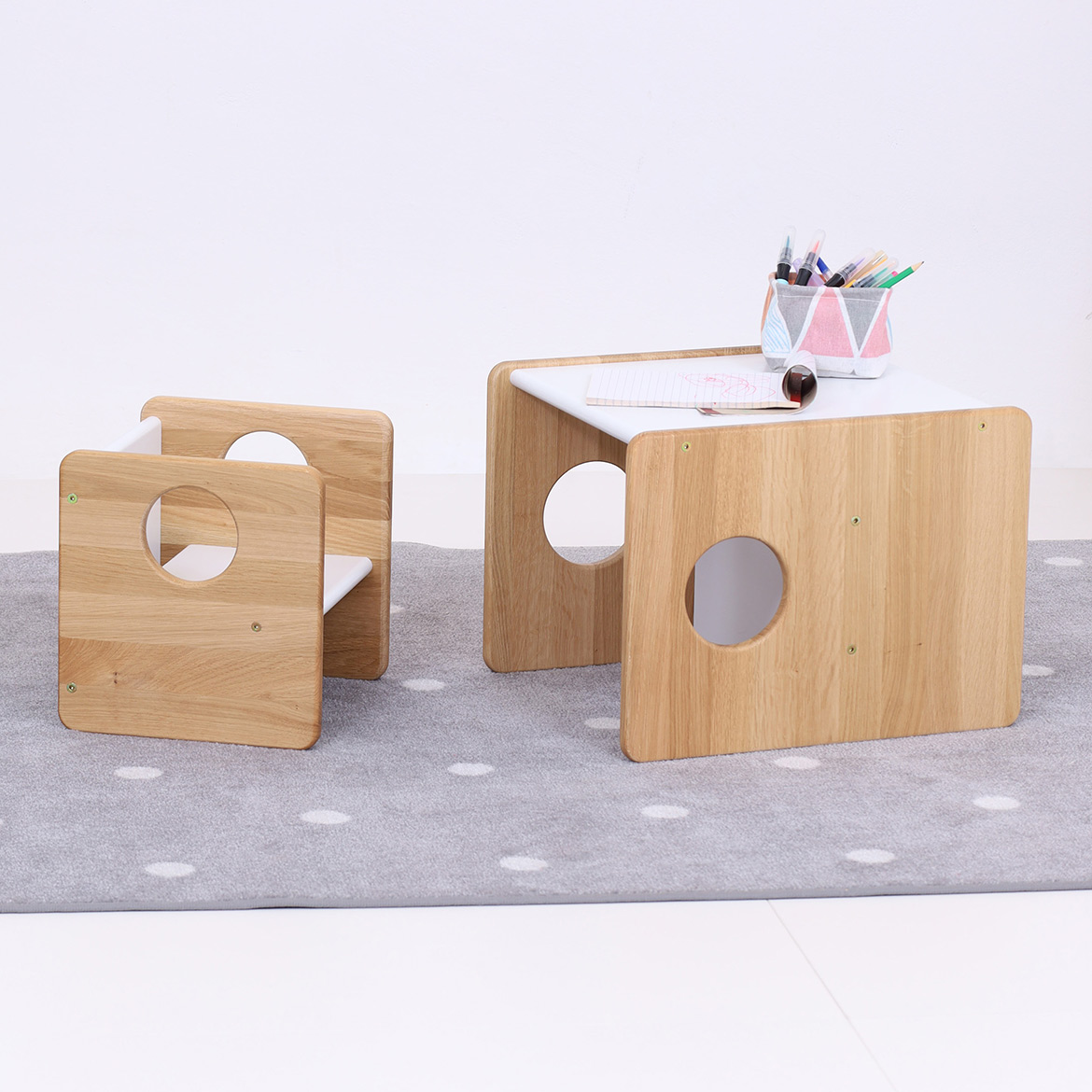 Lubo Majer for Brubi – Cube Chair and Table set in oak wood, children's reversible furniture with drawing supplies
