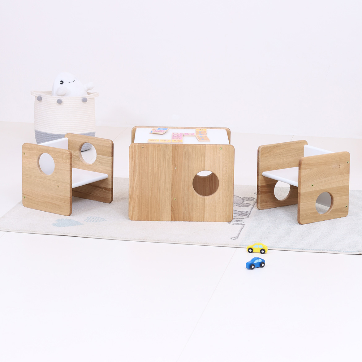 Lubo Majer for Brubi – Cube Chair and Table set in oak wood, children's reversible furniture in playroom setting